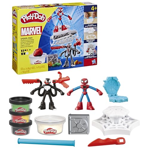 Play-Doh Marvel Spider-Man Netz-Action Set, 2 Spielfiguren und vielen Knetformen, 4 Dosen Modelliermasse in passenden Farben, kreatives für Kinder ab 3 Jahren