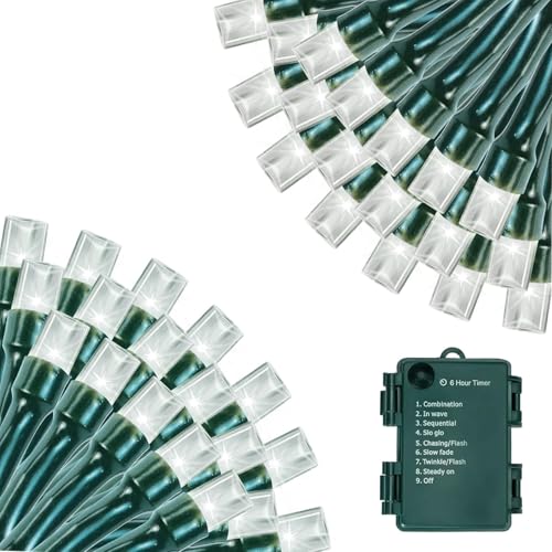 Battery Operated Christmas Lights Outdoor 33 FT 100 LED Mini String Lights with Timer and 8 Modes Green Wire Xmas Waterproof String Lights for Tree Xmas Indoor Holiday Party Garden Decor Cool White