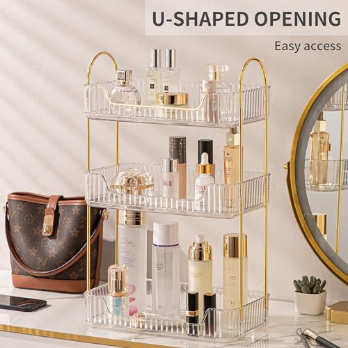 Image of Akinbas 3 Tier Bathroom Organizer Countertop Makeup Perfume Tray Skincare Organizer for Bathroom Dresser Vanity (White)