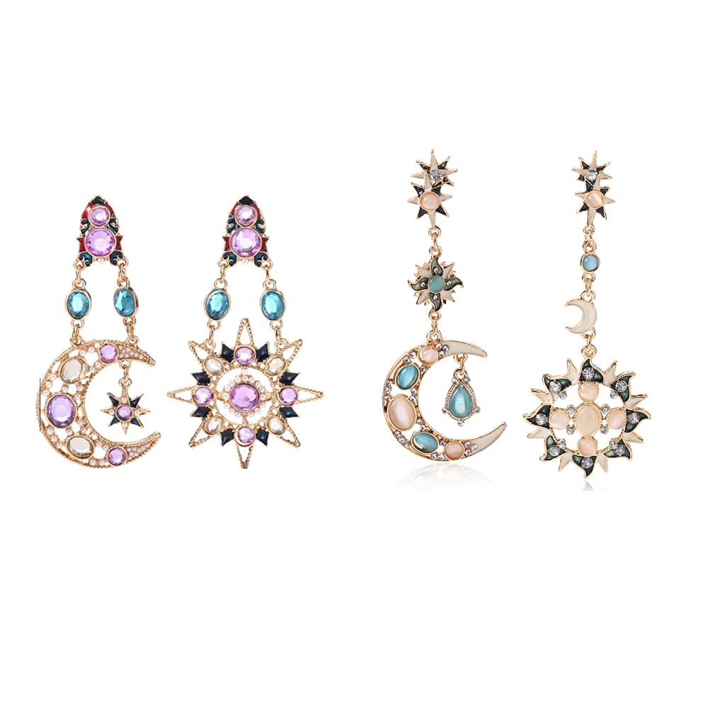 Moon and Star Crystal Colorful Asymmetry Earrings Jewelry Sun Fashion Long Drop Dangle Stud Drop Earrings for Women Girls