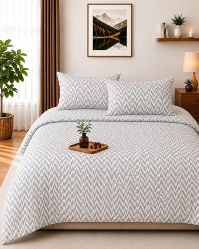 Image of 210 TC Glace Cotton Soft Cotton Zig Zag Design Fitted King Size 72x78x10 inches Bedsheet Set - Lightweight & Durable 1 Bed Sheet with 2 Pillowcase 17x27 inches Grey