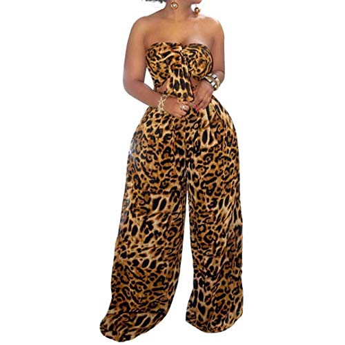 Sexy 2 Piece Sets for Women Party Club Night - Halter Neck Crop Top Wide Leg Long Pants Jumpsuits Set Leopard M