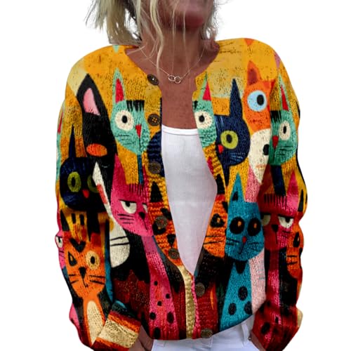 Cat Sweaters for Women Cute Button Up Cardigan Oversized 2024 Fall Fashion Crewneck Dressy Trendy Tunic Sweater
