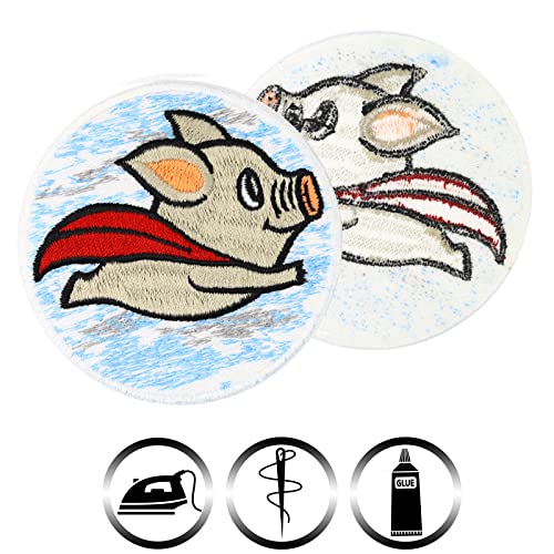 Image of Superhero Piggy Patch Iron-On | Superhero Pig sew On Emblem Flying Pig | Go Veggie Badge Vegan Animal Welfare | Say no to Meat | Fabric Applique| Gift for Kids and Adults - 2.75X2.75 in