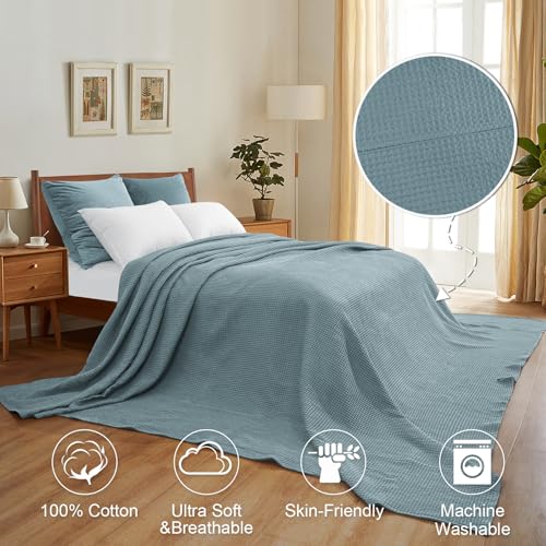 Image of PHF 100% Cotton Waffle Big Family Oversized King Blanket, 120 inch X 120 inch Ocean | Pre-washed Natural Soft Cozy Lightweight Breathable, Textured Decorative Layer for Bed Guest Room, Machine Washable, Giftable