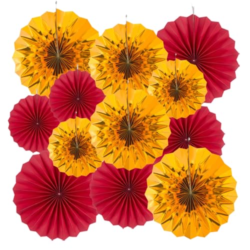 Image of MOWO Gold and Red Paper Fans Wall Decoration Background Ceiling Hanging Decoration for Birthday Graduation Wedding Theme Party, 12pc