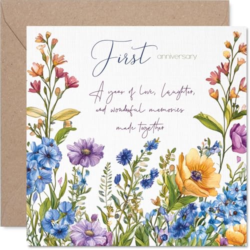 Tarjeta de primer aniversario para mujeres y hombres, flores de jardín floral, tarjeta de aniversario de 1 año para compañero, novio, pareja, novia, tarjetas de felicitación de aniversario de boda de