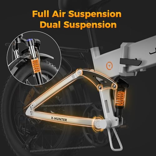 Jasion X-Hunter Electric Bike for Adults,1400W Peak Motor 30MPH Max Speed 48V 13AH Removable Battery,Full Suspension System 20‘’*4.0 Fat Tire Foldable Ebike 7-Speed Bicycles,with Front Basket