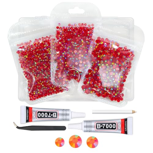 qiipii Transparent Red AB Resin Rhinestones w B7000 Glue for Bedazzling Crafting 3mm 4mm 5mm Flatback Jelly Stones Diamonds Crystals Gems for Face Eyes Makeup Tumblers Bottles DIY Crafts Clothes Shoes
