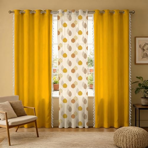 Image of Urban Space Printed 100% Cotton Curtain for Window, Cotton & Sheer Combo Set of 3 Curtains 5 Feet Long, Tieback & Eyelets Included with Curtains for Room Darkening (Drops Mustard Sheer & Aura Yellow)