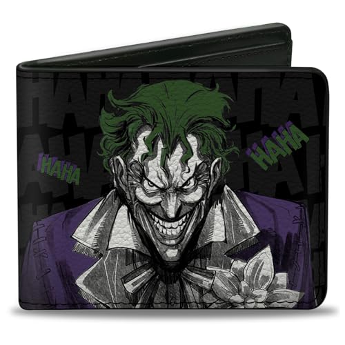 Buckle-Down Men's PU Bifold Wallet-Joker Smiling + Laughing Poses/HAHA Black/Gray/Purple/Green, Multicolor, 4.0