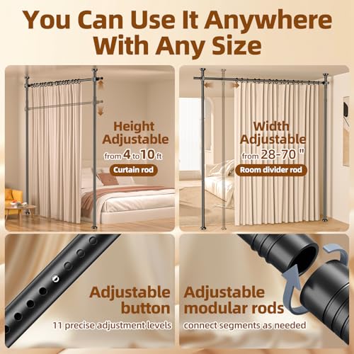 Image of Room Divider No Drilling Curtain Rod Wall Divider for Room Separation, 4-10ft(H) 28-70inch(W) Adjustable,Heavy Duty Floor to Ceiling Portable Hanging Wall Divider for Space Partitions,Black