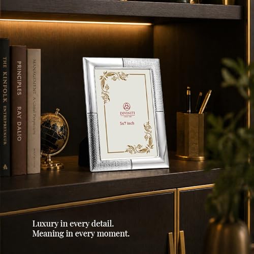 Image of DIVINITI German Silver Photo Frame 5x7 Inch | Luxury Silver Plated Picture Frame for Table & Desk Decor | Elegant Textured Border Design with Stand | Premium Gift Frame for Home & Office