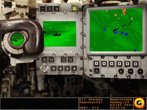 In-game screenshot of the M1A2 Abrams tank cockpit interface, showing targeting displays and controls.