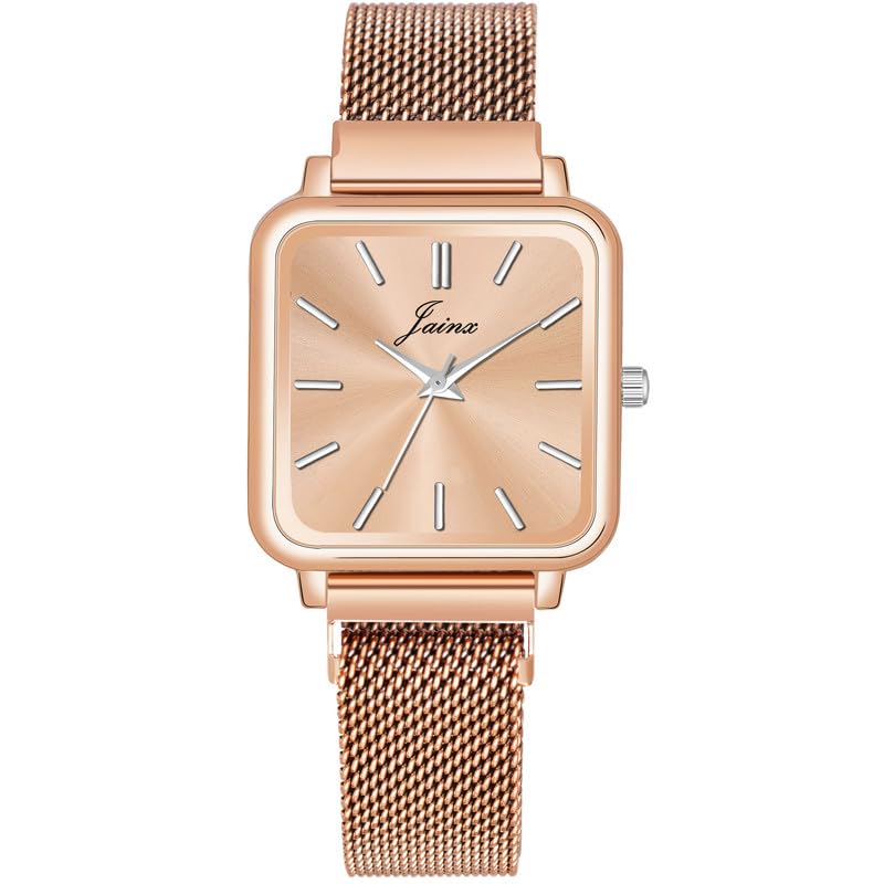 Image of jainx Square Dial Rose Gold Mesh Chain Analog Wrist Watch for Women (Rose Gold /Brown /Black /Silver /Green Color Dial)