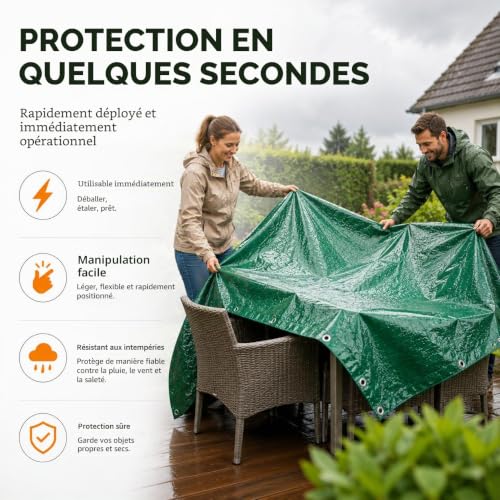 Bâche verte 2x2 m 200g/m² imperméable avec œillets pour extérieur