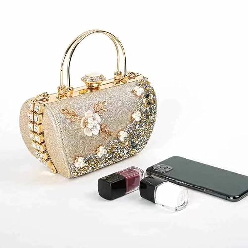 Women Evening Handbag,Diamond Embellished Pearl Flower Sequins Evening Clutch Handbag,Large Wedding Party Purse Messenger Bag (Champagne) #TOP4