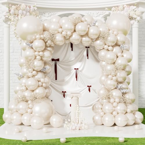 Haolongfa Pearl White Balloon Garland Arch Kit 146Pcs Double Stuffed Pearl and Beige Cream Balloons in 18/10/5 Inch Romantic Ivory Wedding Balloon Arch for Bridal Shower Engagement weedding Decor