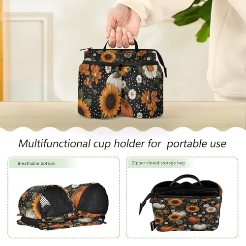 Image of Luggage Cup Holder for Suitcases Free Hands Suitcase Cup Holder Travel Luggage Drink Holder Portable Luggage Cup Caddy Bag Carrier with Handle Black Dotty Pumpkins Sunflowers Daisy