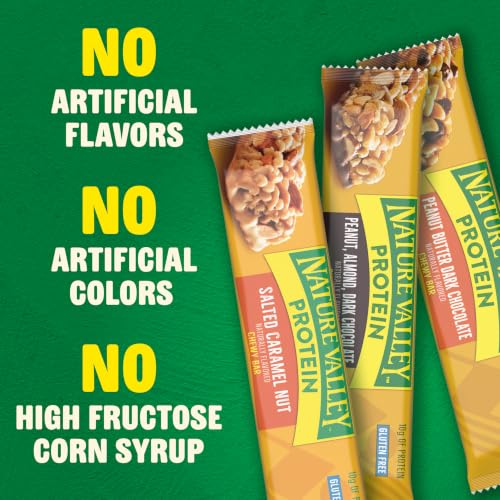 Image of Nature Valley Protein Bars Variety Pack, Gluten Free Chewy Granola Snack Bars, 10g Protein, Peanut Butter Dark Chocolate, Salted Caramel Nut, Peanut Almond Dark Chocolate, 15 Count, 21.3 oz Box