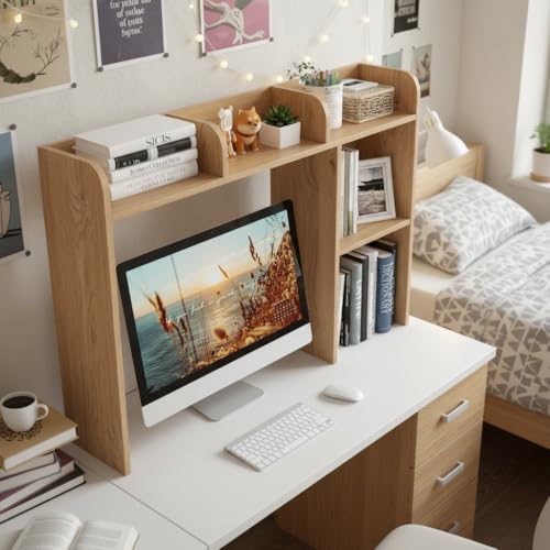 Image of Tangkula Desktop Bookshelf, Countertop Storage Hutch with 5 Shelves for Computer Desk, 3-Tier Display Rack, Multipurpose Wood Storage Organizer for Dorm Office Home