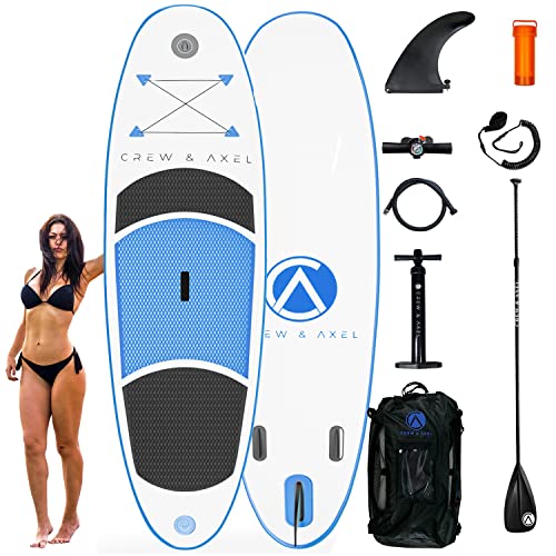 Crew Axel Inflatable Stand Up Paddle Board (6” Thick) Non Slip SUP W Premium Backpack, 3 Fins, Floating Paddle, Pump, & Leash (10’ x 30” x 6”) Light Weight (17lb) Wide Stance Kids & Adults (Blue)