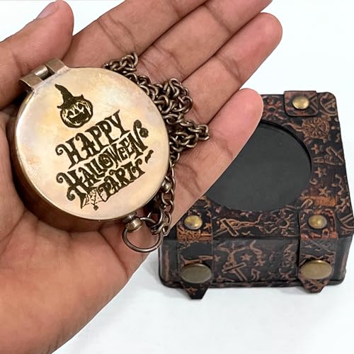 Brújula de latón antigua grabada con caja de cuero miniatura 3