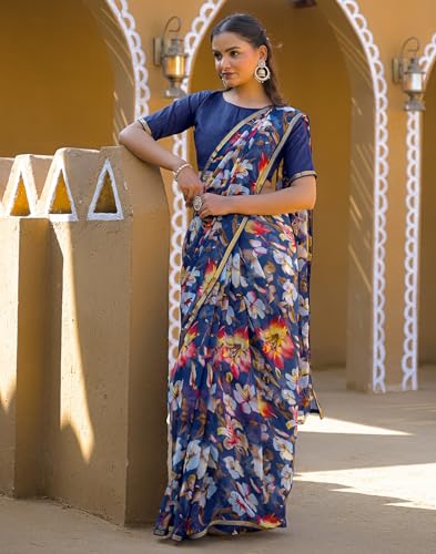 Image of SIRIL Women's Chiffon Printed Saree With Unstitched Blouse Piece