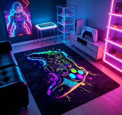 Generisch Gaming Teppich Waschbar Neonfarbener Gamer Teppich für Spielzimmer rutschfest Hochflor Teppich mit 3D Visual Controller Motiven Deko Jugendzimmer Junge 80x120cm