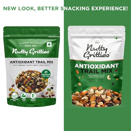 Image of Nutty Gritties Antioxidant Trail Mix 600g | 21 Superfoods in 1 Mix | Including Almonds, Hazelnuts, Brazil Nuts, Berries, Dry Dates, Chia Seeds, Pumpkin Seeds and Many More Mixed Dry Fruits | Resealable Pouch (Pack of 3, Each Pack 200g )