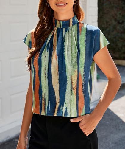 Image of Funlingo Womens Summer Tops Mock Neck Short Cap Sleeve Blouses Business Casual Work Chiffon Shirts Front Pleated Tunic Top
