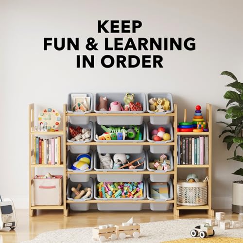 Image of SpaceAid Toy Storage Organizer with 6 Shelves and 12 Bins, Toy Organizers Storage Bookshelf, Kids Bin Shelf Toys Box Bookcase for Bedroom Playroom Organization Room Decor, Neutral Gray