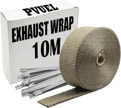 PVUEL Ruban de protection thermique pour pot d'échappement - 10 m - Titane - En fibre de basalte - Avec 10 serre-câbles en acier inoxydable - Pour collecteur d'échappement de motos et voitures