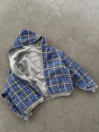 Lunoakvo Mens Oversized Reversible Hoodies Women Plaid Preppy Hoodie Streetwear Vintage Zipper Hooded Sweatshirt 5
