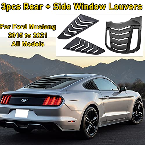 3Pcs Rear + Side Window Louvers Compatible With Ford Mustang 2015 2016 2017 2018 2019 2020 2021 Abs Sun Shade Cover Lambo Style, Matte Black #TOP1