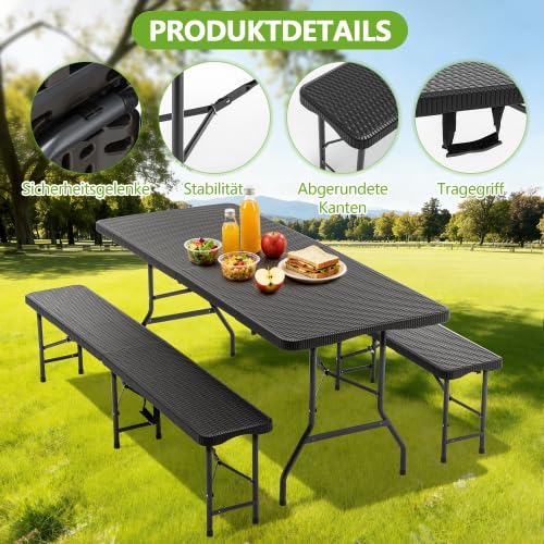 Set da birreria pieghevole, 3 pezzi, in plastica HDPE, set da birra per campeggio, giardino e birreria, set da giardino con motivo albero, impermeabile e resistente alle intemperie (nero +