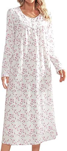 IZZY + TOBY Cotton Nightgowns for Women Long Sleeve Knitted Night Gown Long Soft Ladies Nightdress Sleepwear Print Pink XL