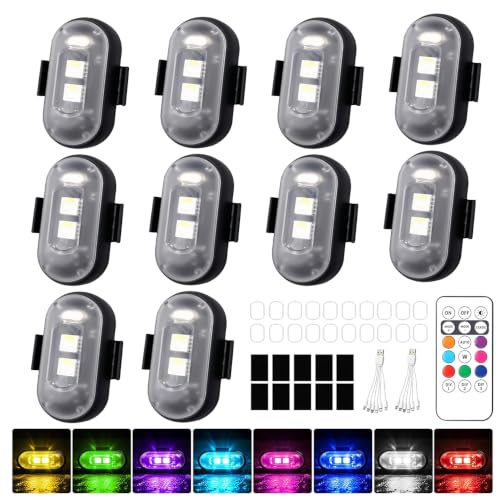 SKJJM 10 Stück Kabellose Led Lichter, 8 Farben Strobe Drone Light, USB-Aufladung Antikollisionslichter, Strobe Drone Light mit Fernbedienung, Wasserdicht Blitzlicht für Motorrad, Drohne,Camping,Angeln
