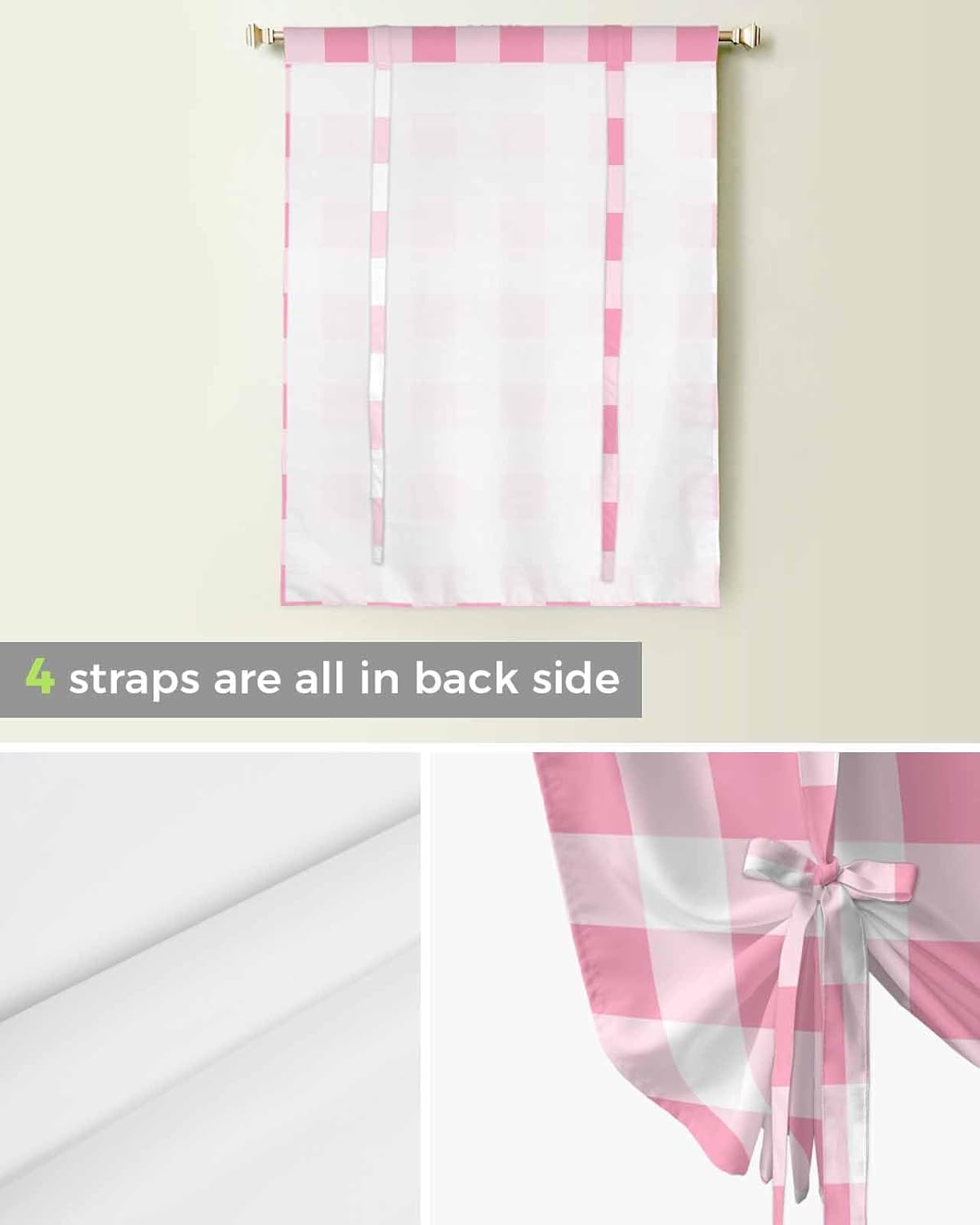 Pink White Plaid Tie Up Curtains for Window, Thermal Insulted Balloon Shade Adjustable Rod Pocket Curtains Valance Panels for Kitchen Bathroom Café 46 x 63 Contemporary Simple Buffalo Plaid Check