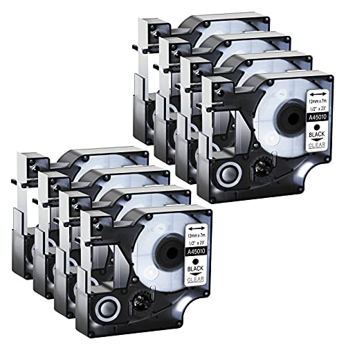 GREENCYCLE Label Maker Tape 45010 S0720500 Compatible for DYMO D1 1/2" (12mm) x 23ft (7m) for LabelManager 210D 220P 260P 160 280 420P 350 360D 450 COLORPOP LMPnP LP250 (Black on Clear, 8 Pack)