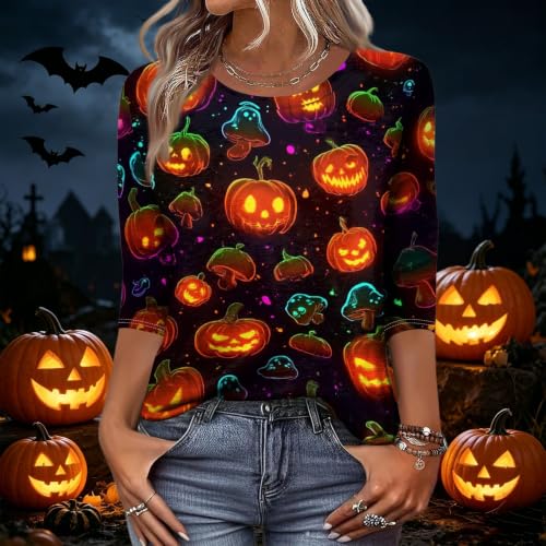 Image of Women Spooky Halloween Graphic Shirt 3 /4 Length Sleeve Crewneck Top | Halloween Funny Printed Pumpkin Plus Size Tshirts 2026 Fall Outfits Skeleton Tee Going Out Tops