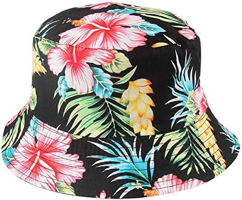 Flower Bucket Hat for Women Double-Sided Reversible Sun Hat for Teens Girls Cotton UV Protection Fun Unisex Print Bucket Hat Summer Travel Beach Sun Hat Fishing Hiking Outdoor Cap, Flower/Black