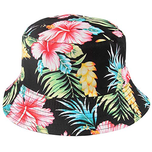 Flower Bucket Hat For Women Double-Sided Reversible Sun Hat For Teens Girls Cotton Uv Protection Fun Unisex Print Bucket Hat Summer Travel Beach Sun Hat Fishing Hiking Outdoor Cap, Flower/Black #TOP11