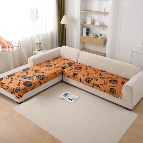 Image of HOKIPO 'Elira Series' Printed Water Repellent + Waterproof Quick Dry L Shape (3+3 Seater) Sofa Seat Cover Mat, Copper Brown Floral (AR-5249-C8*2)