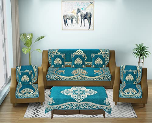Image of 5 Seater Sofa Slip Covers With Cushion And Table Cover - 3+2 Seater Velvet Sofa Cover Set For Single Couch - Seat Protector Slip And Back Covers, 2701 Sky
