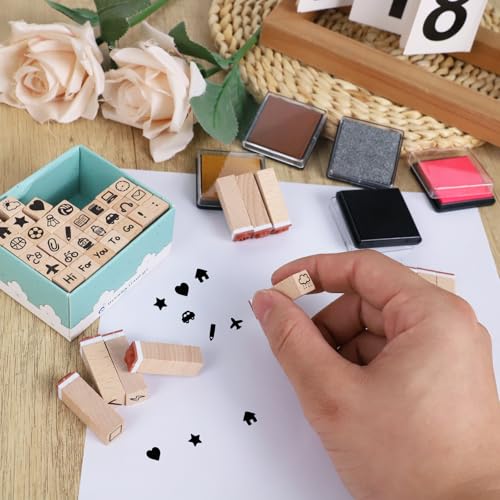 Koqye Alphabet Stamps Set - 42Pcs Wooden Letter Stamps with Ink Pad for Crafting, Decorative Rubber Stamps Kit with Storage Box DIY Card Making Supplies (Daily Stamps)