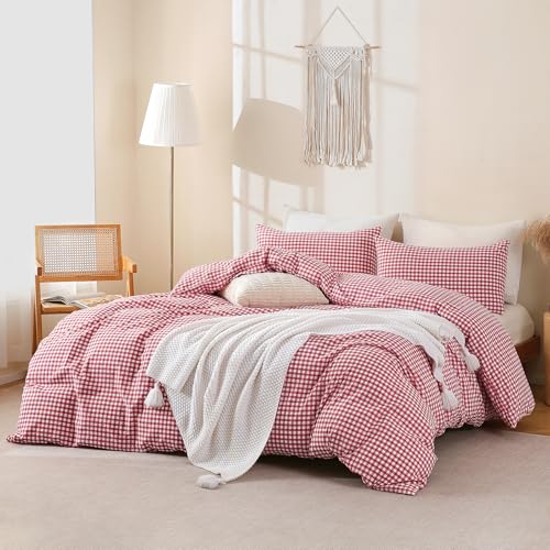 Image of TOCOMOA Red Gingham Duvet Cover Bedding Set 100% Washed Cotton Like Linen Feel Super Soft Comfortable 3 Piece Cute Plaid Checkered Comforter Cover Set (King 104 inchx90 inch, Comforter Not Included)