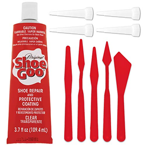 Shoe Goo Repair Adhesive for Fixing Worn Shoes or Boots, Clear, 3.7 Ounce (109.4mL), 4 Snip Tip Applicator Tips and Pixiss Spreader Tools Set.