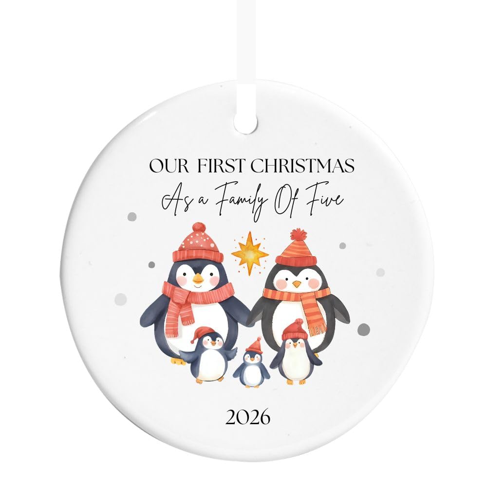 Maisie Moo Gifts Limited Blue, White, And Black Our First Christmas As A Family Of Three/Four/Five Watercolour Penguin Design Ceramic Bauble Ornament - New Parents And Baby's First (Family Of Five)