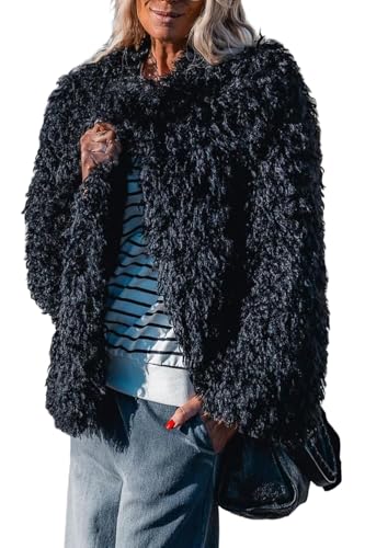 Aoang Women's Winter Black Coats Fleece Cropped Jacket Faux Fur Long Sleeve Shaggy Warm Outerwear Fall Clothes Black S